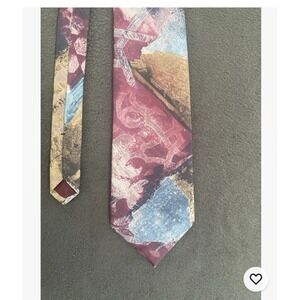 Botany 500 Mens Abstract Print Silk Blend Necktie Burgundy Blue Gold